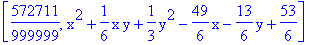 [572711/999999, x^2+1/6*x*y+1/3*y^2-49/6*x-13/6*y+53/6]